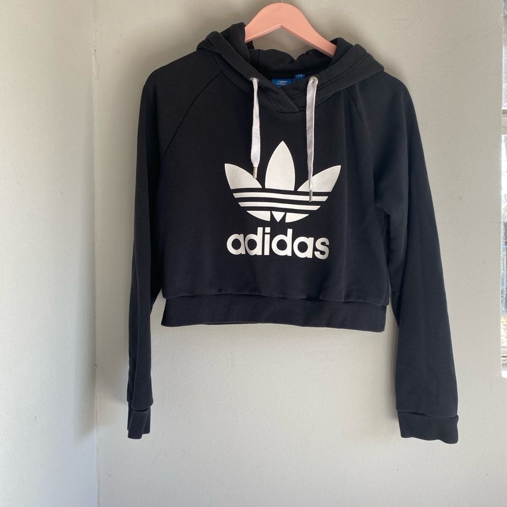 Adidas Women Crop Hoodie Sz Small Black Cropped Long Sleeve Cotton Trefoil Logo